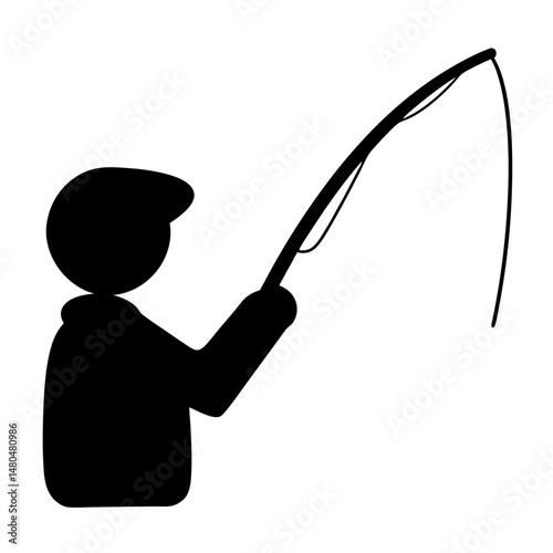 Silhouette of a person fishing with a fishing rod in black and white