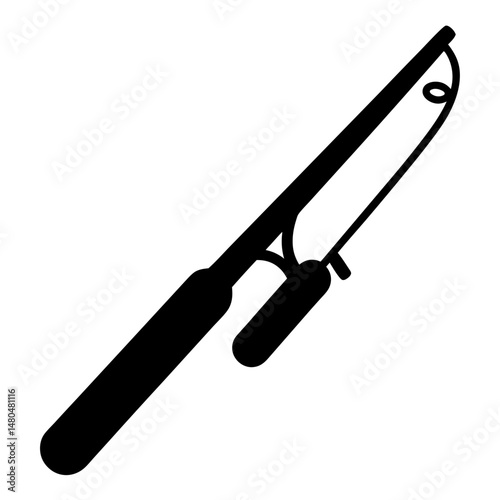 Simplified black and white illustration of a fishing rod with a reel