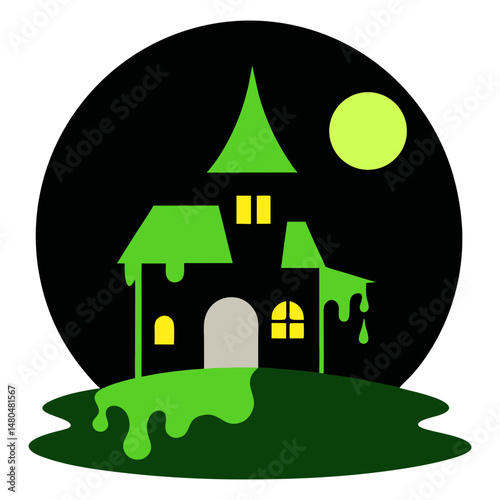 haunted house with moon slime in circle on white