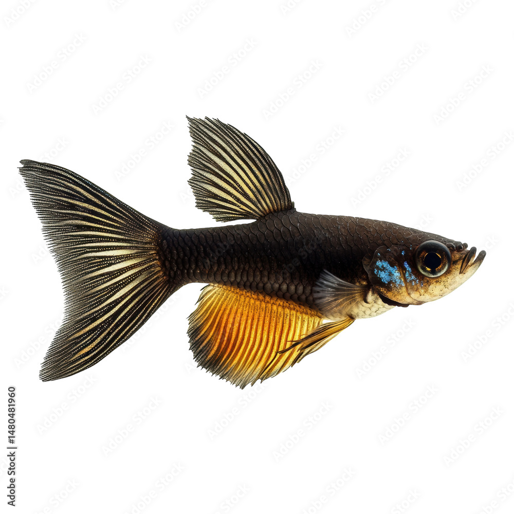 Fototapeta premium Elegant Black Gold Galaxy Rasbora Fish Isolated on Black on transparent background