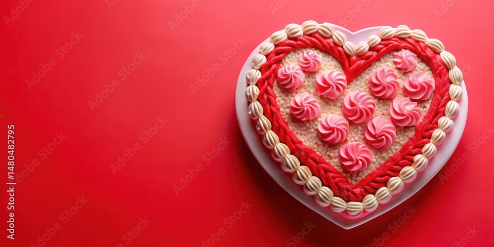 A heart-shaped cake adorned with swirls of pink frosting, delicate white piping, and a red border, all against a vibrant red backdrop. A heart-shaped cake adorned with swirls of pink frosting, delicate white piping, and a red border, all against a vibrant red backdrop.
