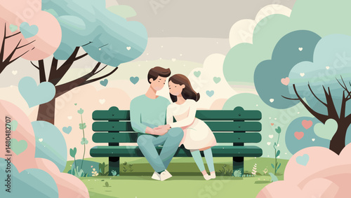 young couple in love sitting on a bench in a romantic park setting