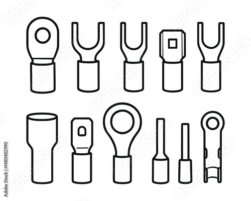 Variety of electrical terminals in line art vector design.