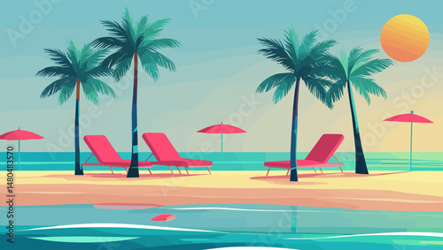 Tropical beach scene with red loungers, umbrellas, and palm trees during sunset