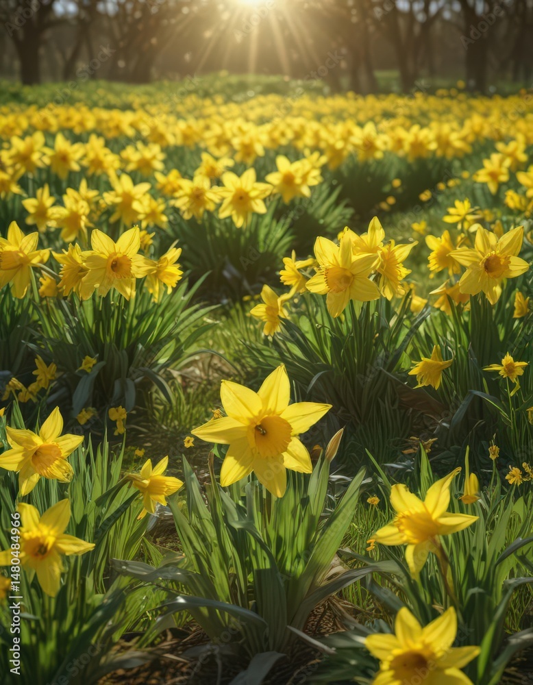 Fototapeta premium Golden daffodils dance in a sun-drenched, verdant field A symphony of yellow and green , vibrant yellow, green, outdoor