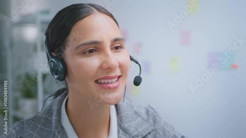 Smiling hispanic latin woman working customer support operator with headset. Female Call center agent, consulting and telemarketing concept, Customer service representative. online consultant.