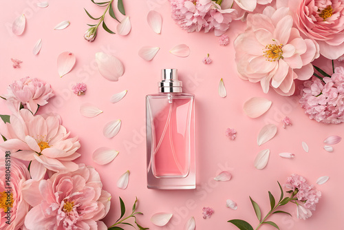 pink floral perfume background with copy space