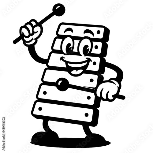 Cartoon Xylophone Character Illustration with Mallets - Black and White for Music, Fun, or Graphic Themes
