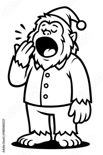Cartoon Bigfoot Character Illustration Yawning in Pajamas - Black and White for Cryptids, Sleep, or Graphic Themes
