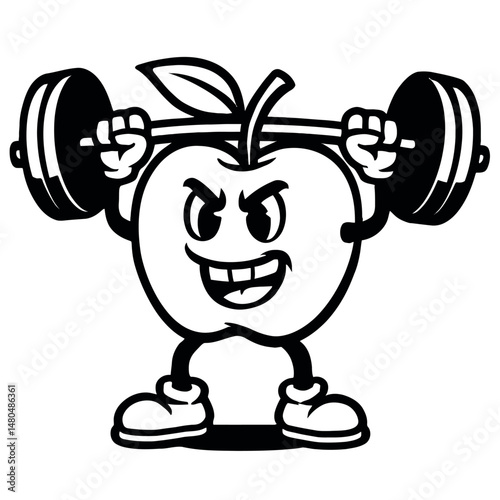Cartoon Apple Character Illustration Lifting Barbell - Black and White for Food, Fitness, or Graphic Themes
