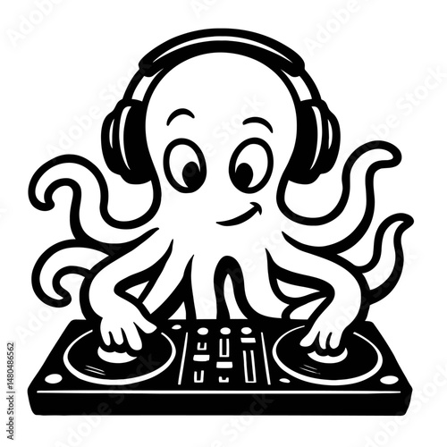 Cartoon Octopus Illustration DJing with Headphones - Black and White for Music, Fun, or Graphic Themes