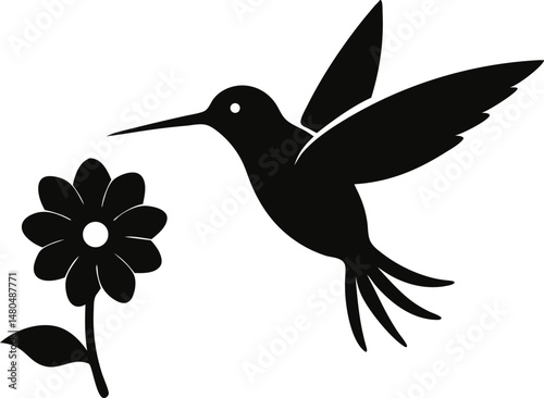 Hummingbird Hovering At Flower Silhouette Vector Illustration