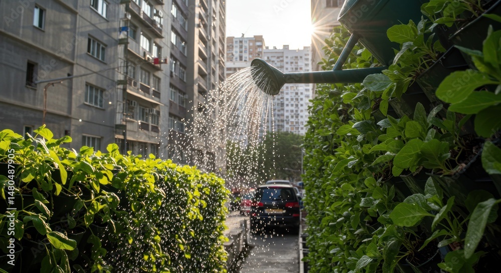 Naklejka premium Watering Green Wall in Urban Setting - Photo