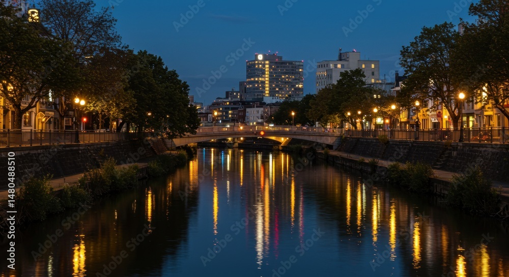 Naklejka premium Evening Cityscape with Bridge Photo