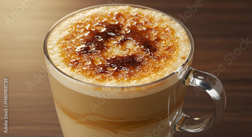 Delicious Caramel Brulee Latte In Glass Cup On A Wooden Table