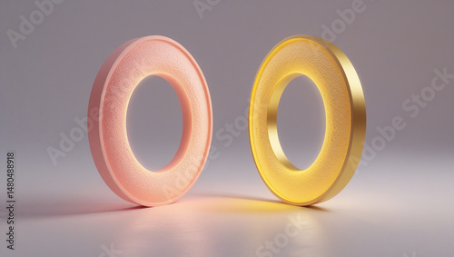 Two abstract 3d illuminated rings displaying pastel pink and gold color tones