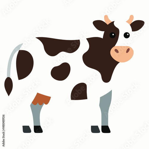 A funny cartoon cow, a cute farm animal and dairy cattle vector illustration isolated on white
