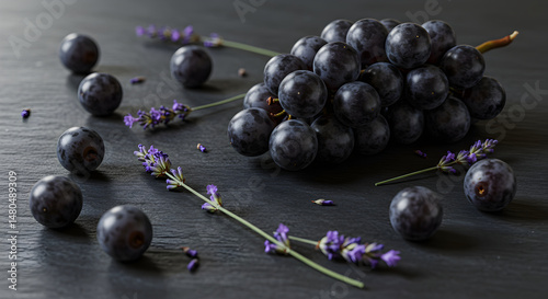 Dark Grapes And Lavender Sprigs Creating a Still Life Composition on Dark Background