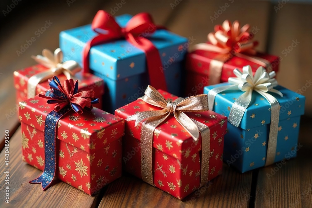 Obraz premium Vibrant gift boxes, satin bows, rustic wood table, colorful, bow, gift