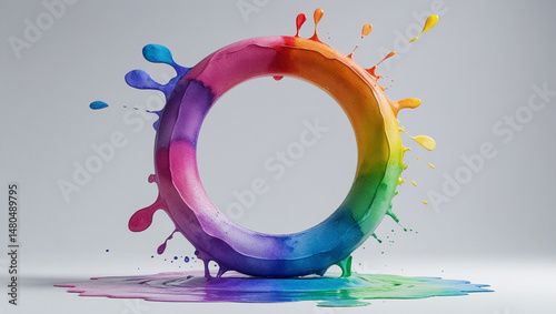 Vibrant ring of rainbow colors bursting outward with splash and splatter effects on white