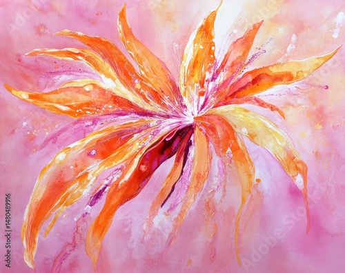 Abstract flower painting in vibrant orange and pink tones.  Blends of color and texture create a dynamic composition, with the flower's petals exhibiting fluid forms against a soft pink background