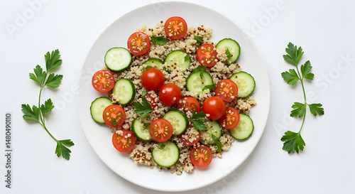 Quinoa Salad With Fresh Tomatoes And Cucumbers On White Background Plate