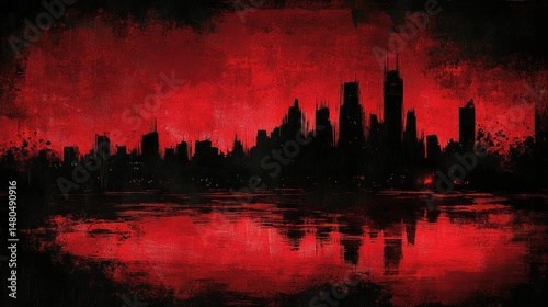 Crimson city skyline reflected in a blood-red water