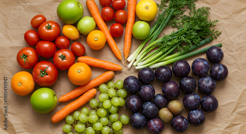 Colorful Variety Of Fresh Fruits And Vegetables Placed On Wrinkled Paper