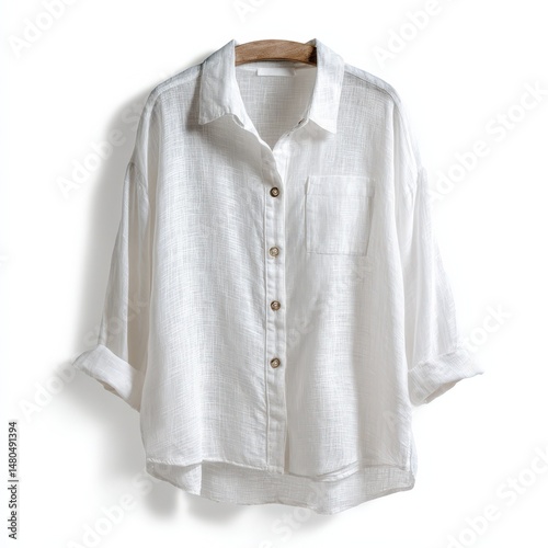 Women's White Cotton Linen Shirt Casual Summer Blouse Three Quarter Sleeves Button Down Pocket Detail
