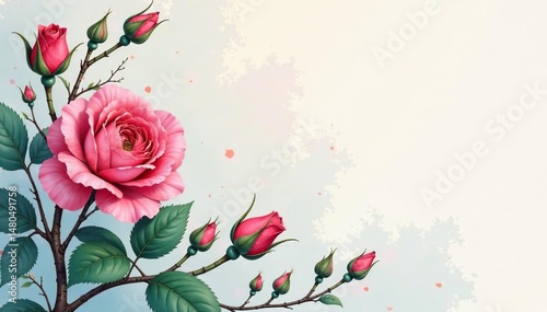 Delicate watercolor rose buds, climbing vines , bloom, subtle