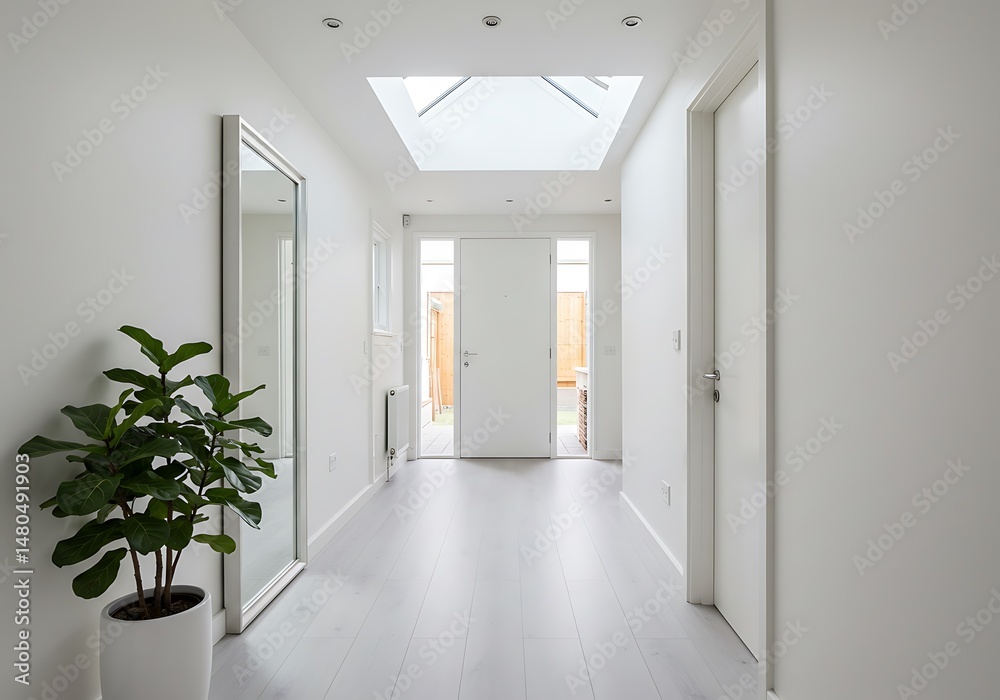 Fototapeta premium Bright hallway with skylight, mirror and potted plant in modern home