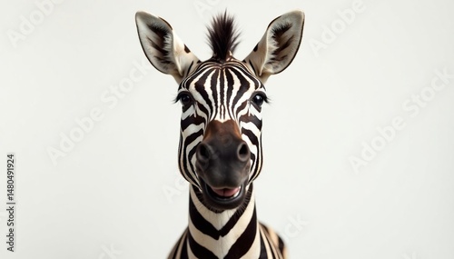 Funny zebra portrait, wide eyes, goofy smile, long black and white stripes on white, zebra,  stripes