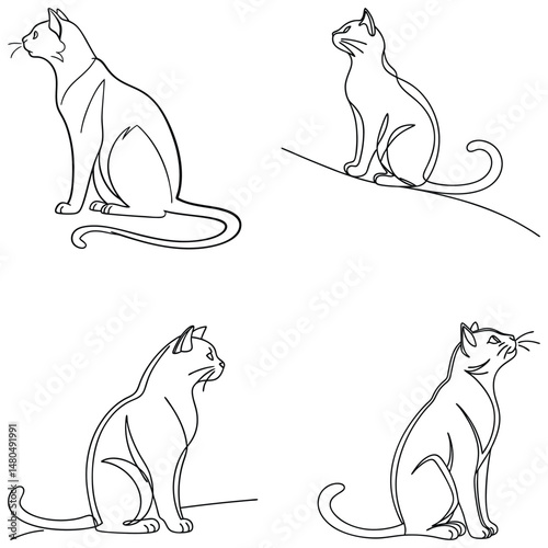 Bundle set cartoon cat icon continuous one line drawing outline eps 10