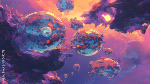 Surreal cosmic landscape featuring vibrant floating spheres amidst colorful clouds and a stunning sunset background