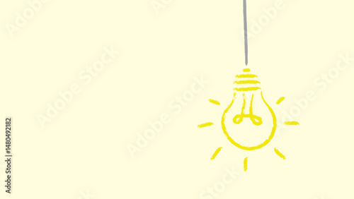 A hand-drawn yellow light bulb hanging from a gray wire, glowing against a yellow background, representing a creative idea.