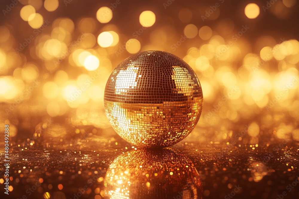 Fototapeta premium Golden disco ball reflecting dazzling lights on a shimmering surface. 
