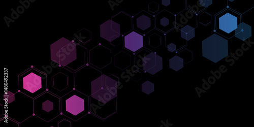 Light Purple, blue vector background with hexagons. Abstract dark hexagon with dots luxury background. digital,  Medical science futuristic technology concept background. Hexagonal gaming vector.