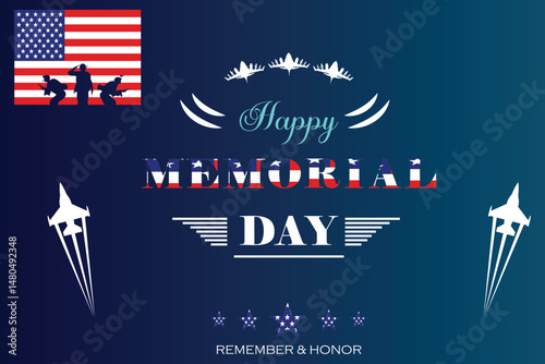 Memorial Day vector with USA flag, fighter jets, and remember and honor message
