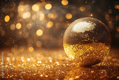 A glittering disco ball reflects a myriad of dazzling lights, creating an atmosphere of pure party energy and festive excitement. 
