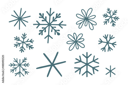 A collection of hand-drawn snowflakes designs on white background.