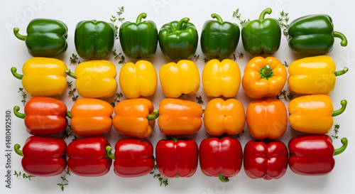 Rows Of Vibrant Bell Peppers Featuring An Array Of Colors And Thyme