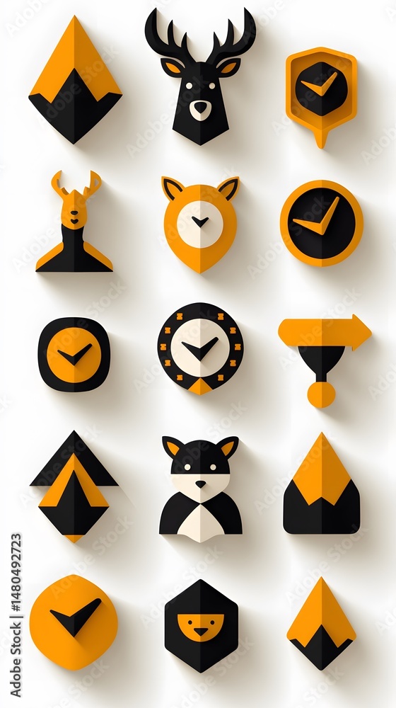 Orange and Black Geometric Animal Icons Set