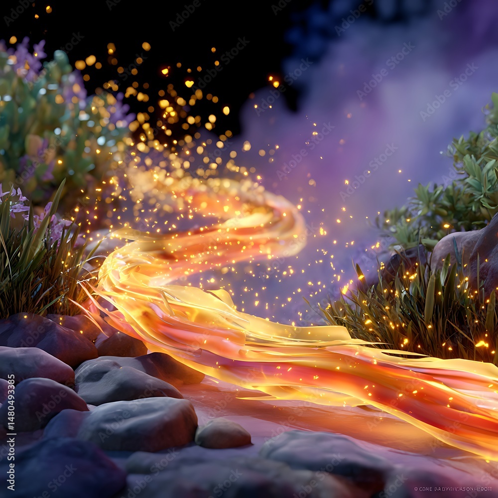 Obraz premium Flowing Bright Orange Lava with Sparks and Vibrant Green Foliage