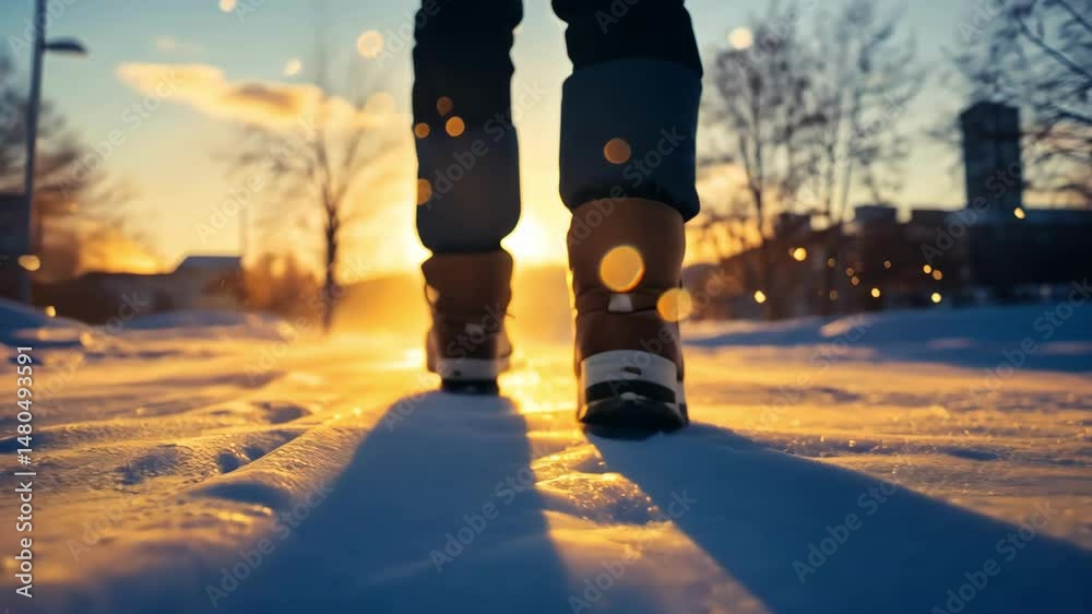 boots walking through snow at sunset, winter landscape, horizon, cold weather