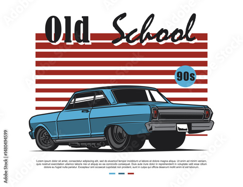 90s old school car design vector with striped background illustration