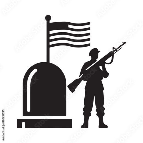 Soldiers silhouette vector with weapons saluting the USA flag for memorial day.