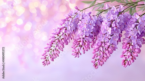 Delicate Purple Wisteria Blossoms Against a Soft Pastel Background