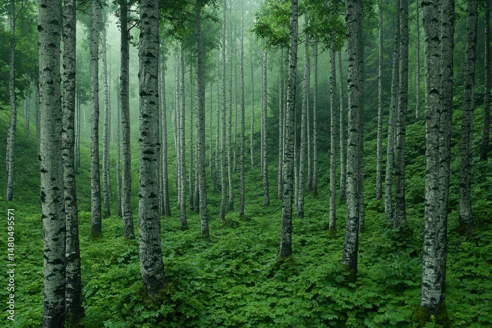 Fototapeta premium Misty Green Forest with Tall Slender Trees