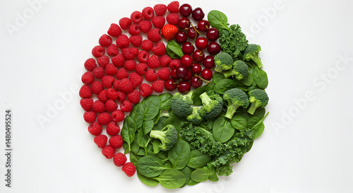 Symmetrical Food Composition Displaying Fresh Fruits and Vegetables on White Background
