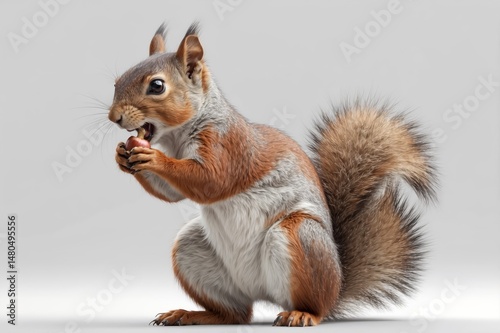 A reddish-brown squirrel sits, daintily consuming a nut photo